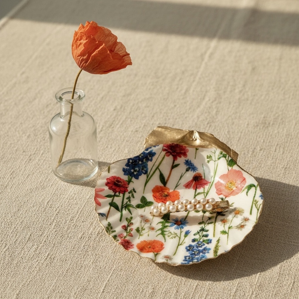 Colorful Wildflower Seashell Trinket Dish Garden Decor
